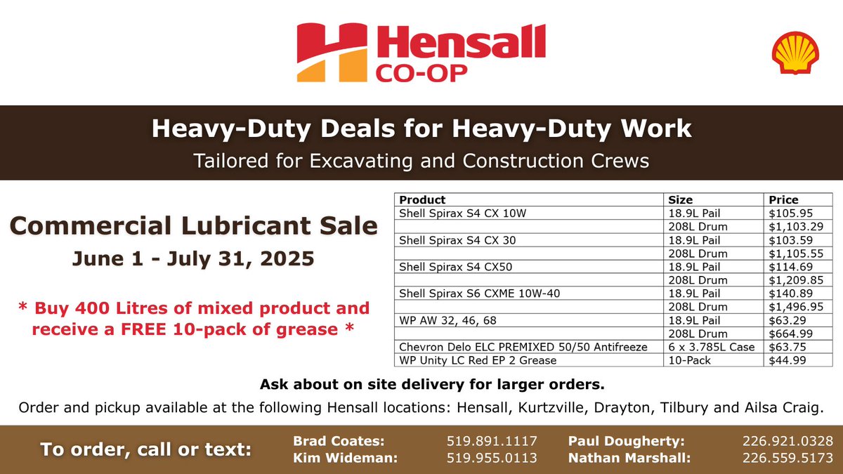 Hensall Co-op's Commercial Lubricant Sale is running from June 1 - July 31, 2025. 

Order today by contacting a member of our Energy team!

Details here: ow.ly/We8x50VLgLw

Heavy-duty deals for heavy-duty work.

#HensallCoop #Lubricant #Special #Sale