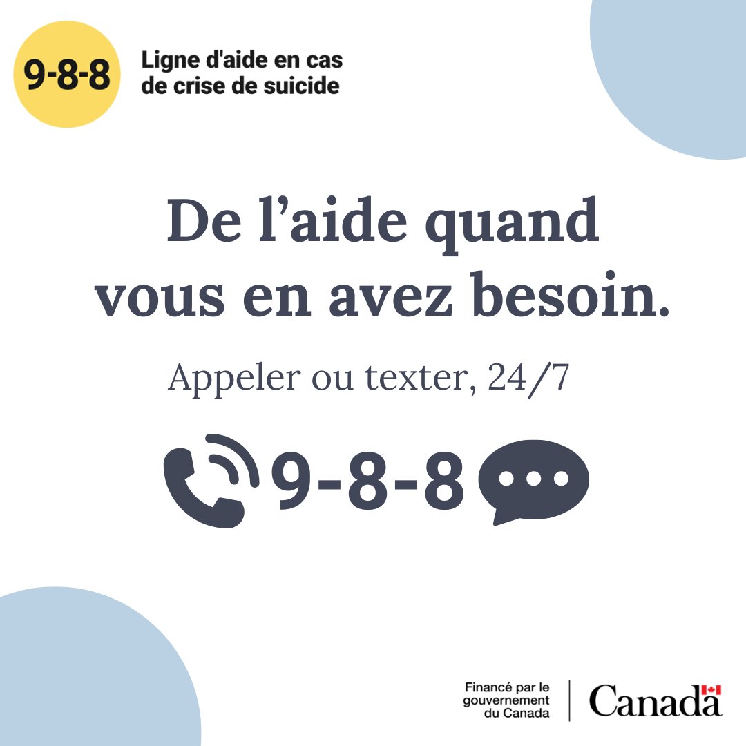 Si vous avez des pensées suicidaires ou si vous vous inquiétez pour quelqu'un que vous connaissez, le 9-8-8 est là pour vous aider. Appelez ou envoyez un texto au numéro gratuit 9-8-8, à tout moment, pour obtenir une assistance en français ou en anglais. #988Canada