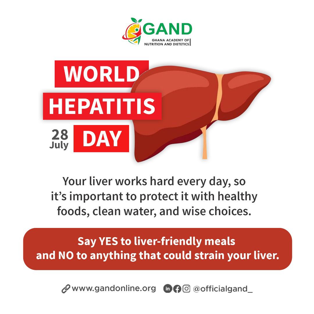 Your liver is vital in metabolic processes. Support it with smart nutrition choices: Fruits &amp; Vegetables, Whole Grains, Healthy Fats, Lean Proteins and stay hydrated. Limit Alcohol, Sugary &amp; Processed Foods, and Fried and Salty Meals.
#WorldHepatitisDay #LiverHealth #GAND