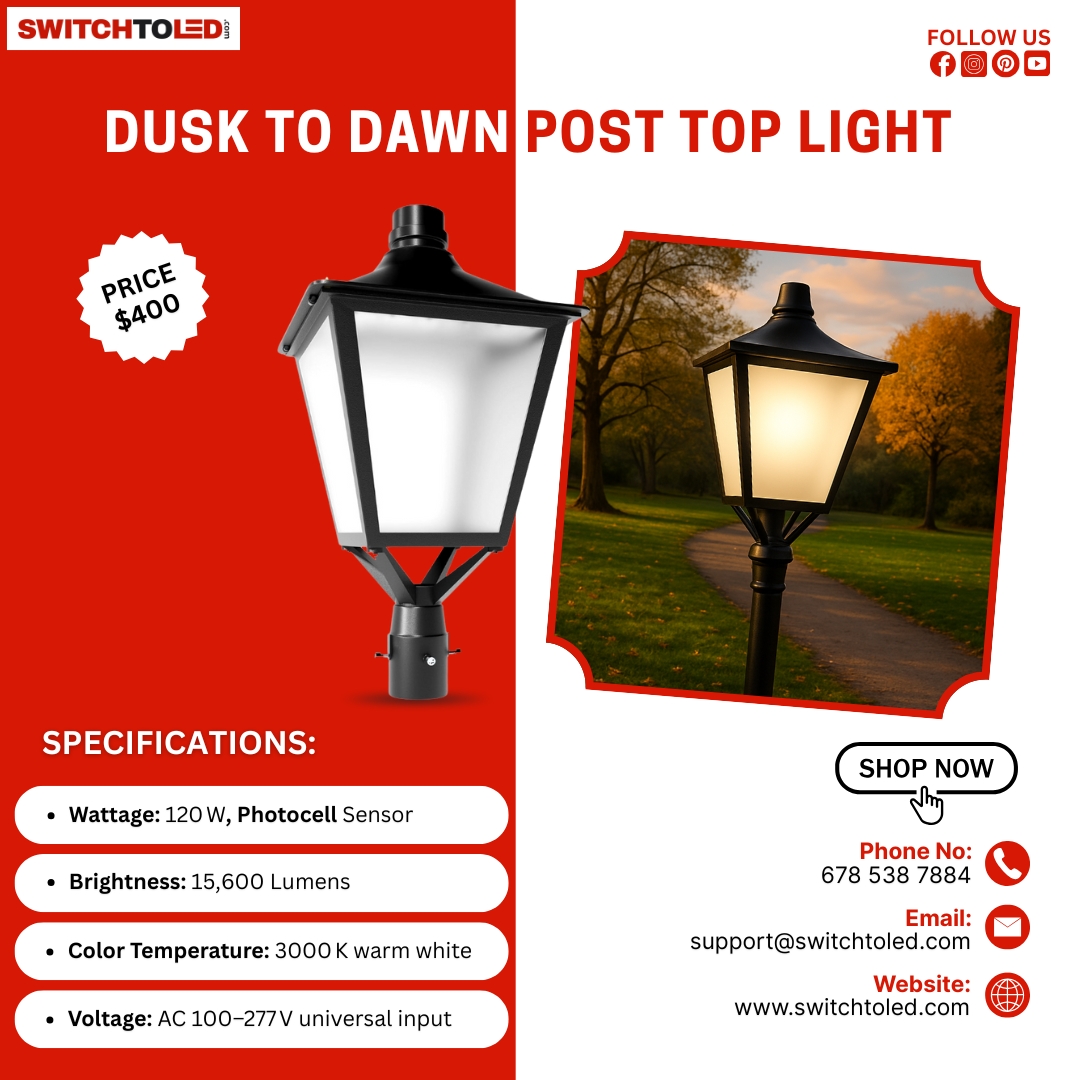 switchto_led's tweet image. 💡 Light Up the Night — Automatically!
Our 120W Dusk to Dawn LED Post Top Light (15,600 lm, 3000K) turns on at dusk &amp;amp; off at dawn 🌅. Perfect for parks, walkways &amp;amp; estates.
$400 | 📦 Ships from USA
switchtoled.com
📞 678-538-7884
#LEDLighting #DuskToDawn #SwitchToLED