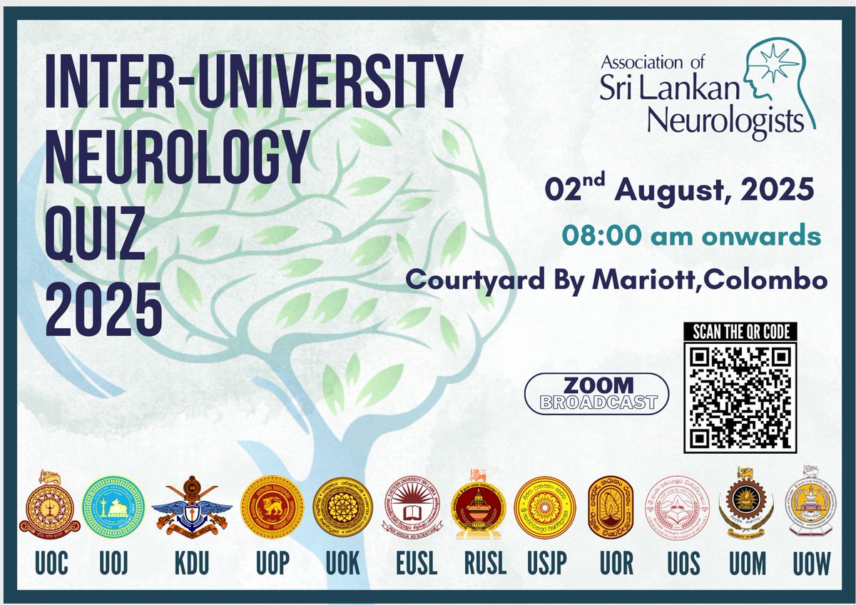 The event will be broadcast live via Zoom through the following link:
asn.lk/inter-universi…

The ASN Inter-University Neurology Quiz 2025 will take place on 2nd August 2025 at Courtyard by Marriott, Colombo.