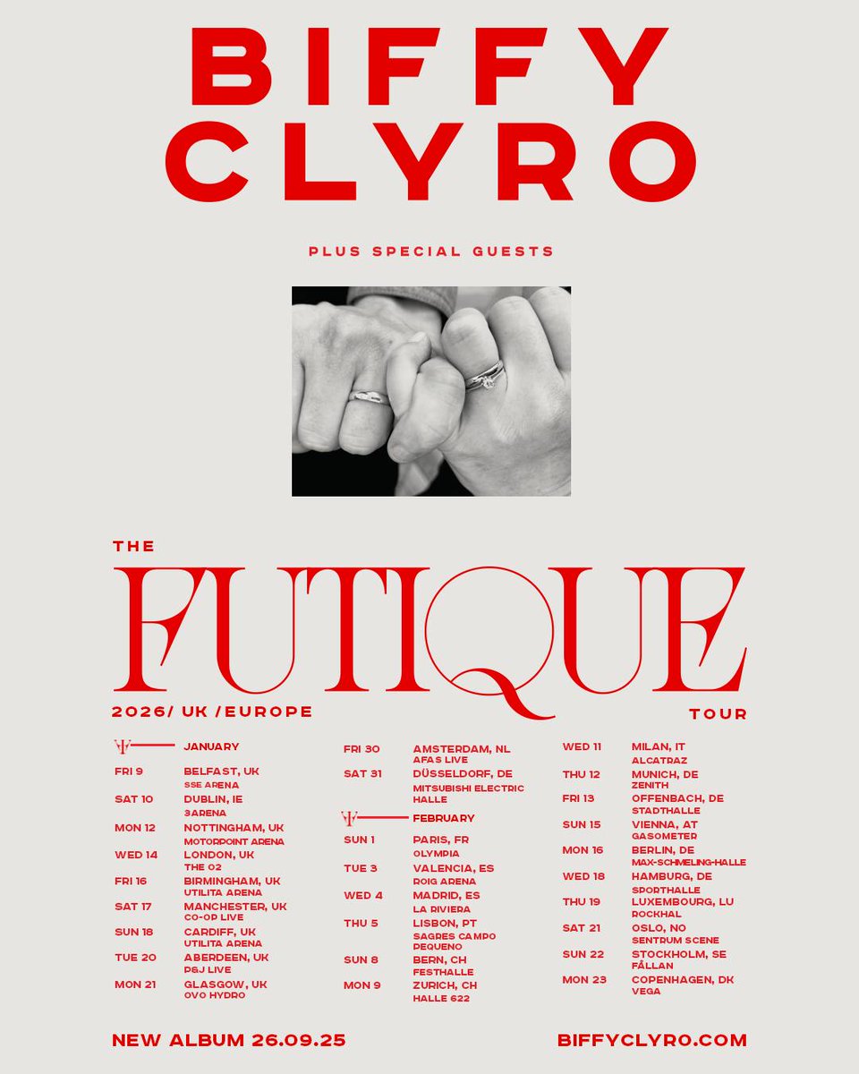 gigseekr's tweet image. As part of a massive European Tour celebrating their new album 'Futique', @biffyclyro will hit the road across the UK and Ireland!
Tickets go on general sale at 10am on Thursday - for more information check here:
gigseekr.com/tour/jqh