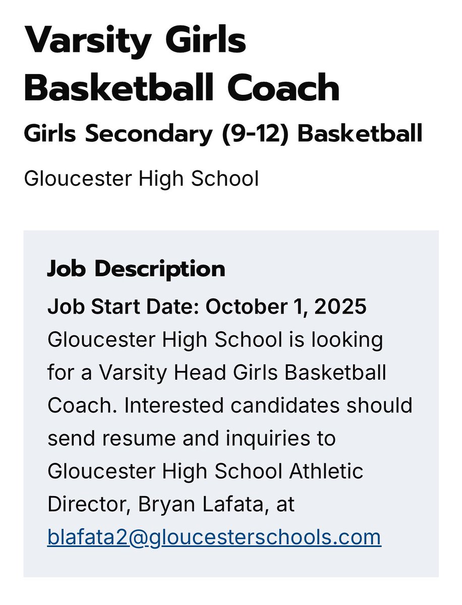GHS Fishermen Athletics (@fishermenghs) on Twitter photo GHS Athletics is accepting applications until September 8th for the GHS Girls Basketball Head Coach position.
Full post:
miaa.net/jobs/varsity-g…
<a href="/NickGiannino_GT/">Nick Giannino</a> <a href="/Joey_C/">Good Morning Gloucester</a> <a href="/GDTSports/">GDT Sports</a> <a href="/BostonHeraldHS/">Danny Ventura</a> <a href="/GlobeLars/">Craig Larson</a> <a href="/GlobeSchools/">Boston Globe Schools</a> GHS Athletics is accepting applications until September 8th for the GHS Girls Basketball Head Coach position.
Full post:
miaa.net/jobs/varsity-g…
<a href="/NickGiannino_GT/">Nick Giannino</a> <a href="/Joey_C/">Good Morning Gloucester</a> <a href="/GDTSports/">GDT Sports</a> <a href="/BostonHeraldHS/">Danny Ventura</a> <a href="/GlobeLars/">Craig Larson</a> <a href="/GlobeSchools/">Boston Globe Schools</a>