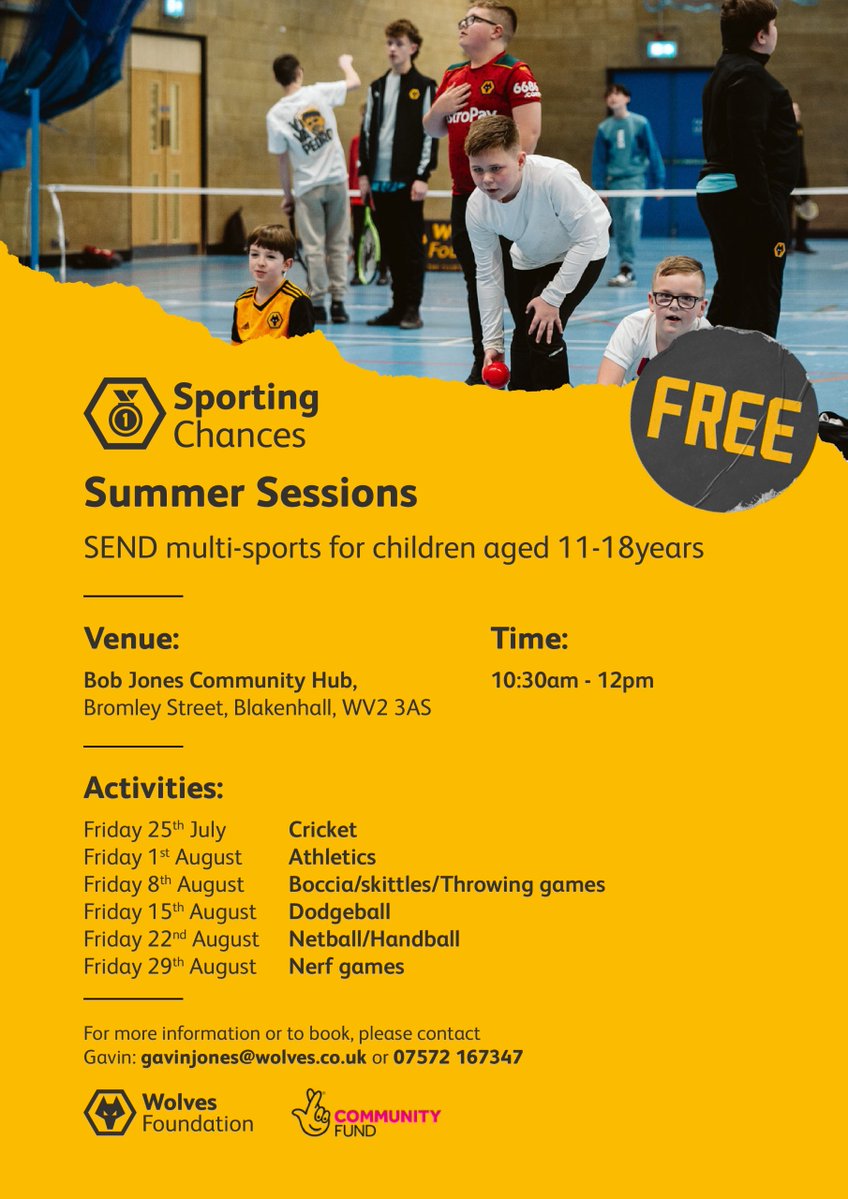 🔘 Sporting Chances • Summer Sessions ☀️

🔶 SEND multi-sports for children aged 11-18 years

📌 Bob Jones Community Hub