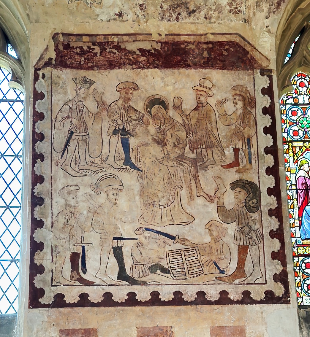 Early and unusual C15 painted pieta at Broughton (Milton Keynes) presents a moral reminder. By swearing on parts of Christ's body they caused his passion and symbolically dismembered him thus condemning themselves to hell.