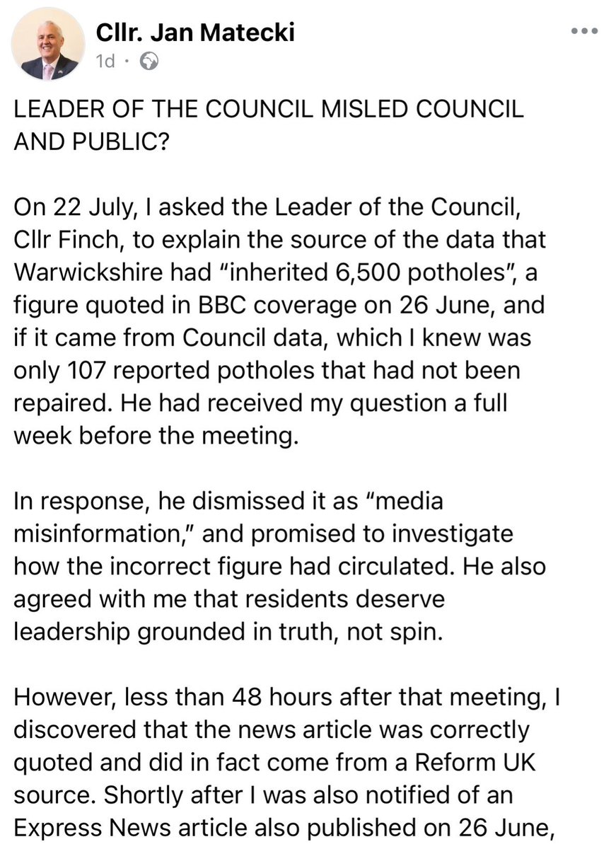 #Reform Council in #Warwickshire claimed 6,500 potholes.

So the Daily Mail reported 6,500 potholes.
So the Daily Express reported 6,500 potholes.
So GBNEWS reported 6,500 potholes.

Actual number of potholes : 107.

THis is how it works now. #Facepalm.