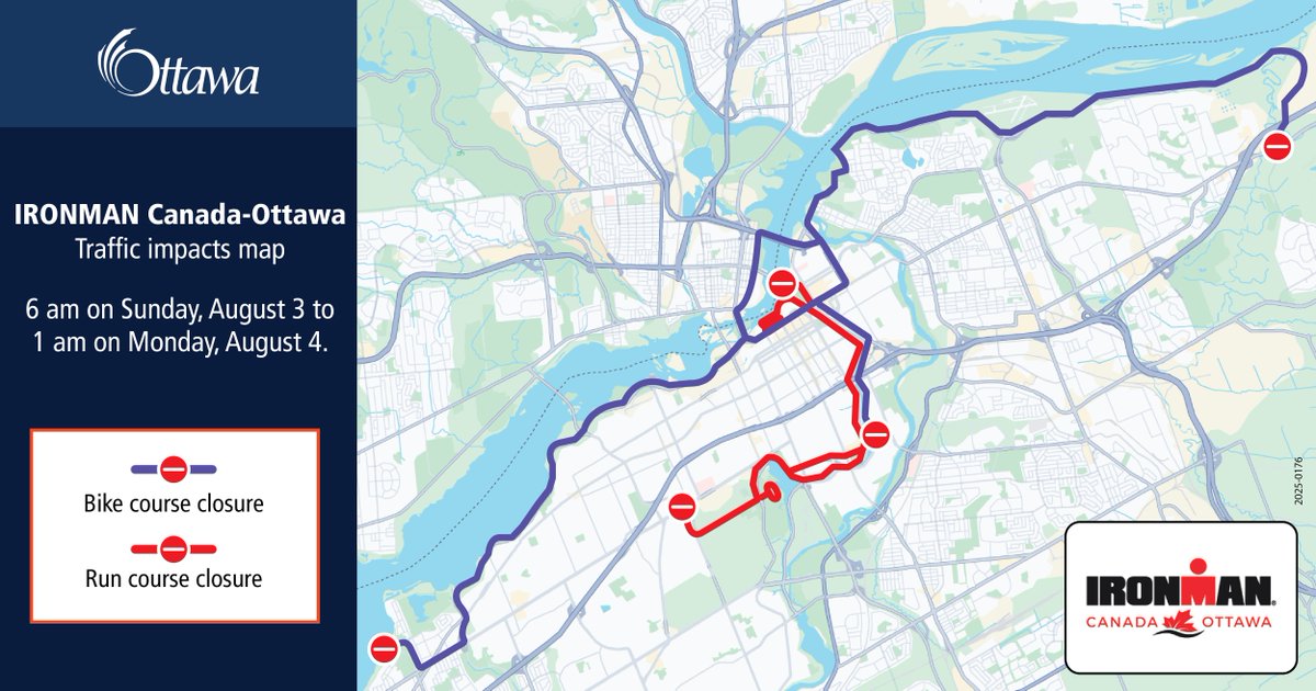ottawacity's tweet image. IRONMAN is racing through Ottawa on Sunday, August 3!
Expect traffic impacts as #OttCity’s streets transform into a racecourse. Avoid delays by planning ahead and giving yourself extra time for your travels.
For more info: bit.ly/48IP4yP