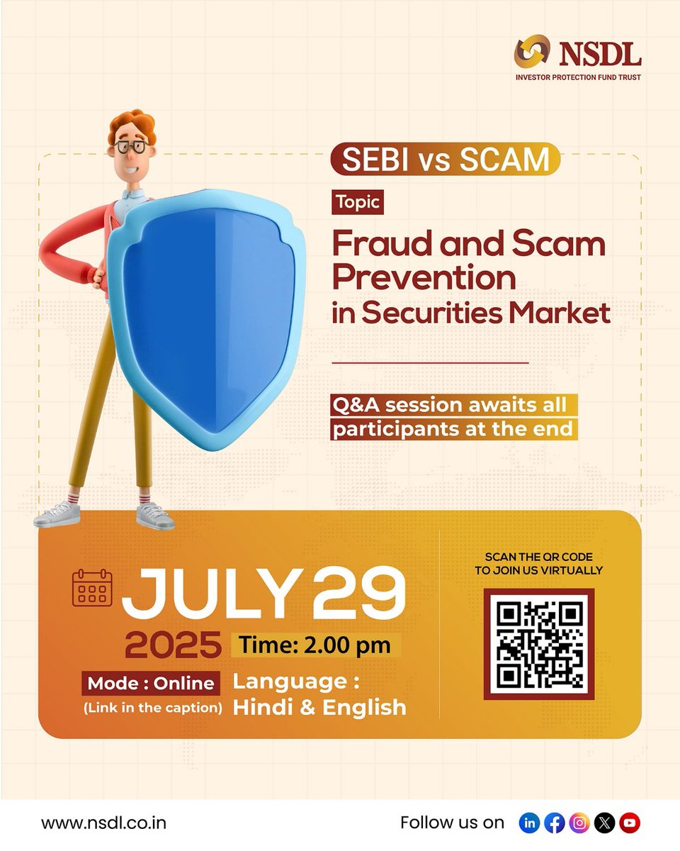 SEBI vs SCAM: Join Dr. Kavita Chordiya's webinar on July 29 at 2:00 PM and gain expert insights on fraud prevention. 

Register now:

us06web.zoom.us/meeting/regist…

#NSDL #ScamAwareness #SecureInvesting #InvestorProtection
#NSDLIPFT