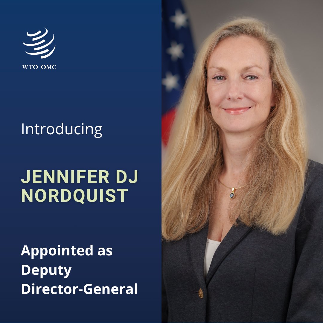 wto's tweet image. DG @NOIweala has appointed Jennifer DJ Nordquist of the United States as a new WTO Deputy Director-General. She will replace Angela Ellard, who will step down at the end of August. We’re excited to welcome her to Geneva this October! More: bit.ly/3IMq157
