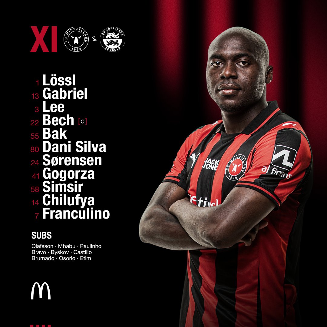 fcmidtjylland's tweet photo. Vores 𝗫𝗜 på mod Sønderjyske ⚫🔴

#FCMSJF