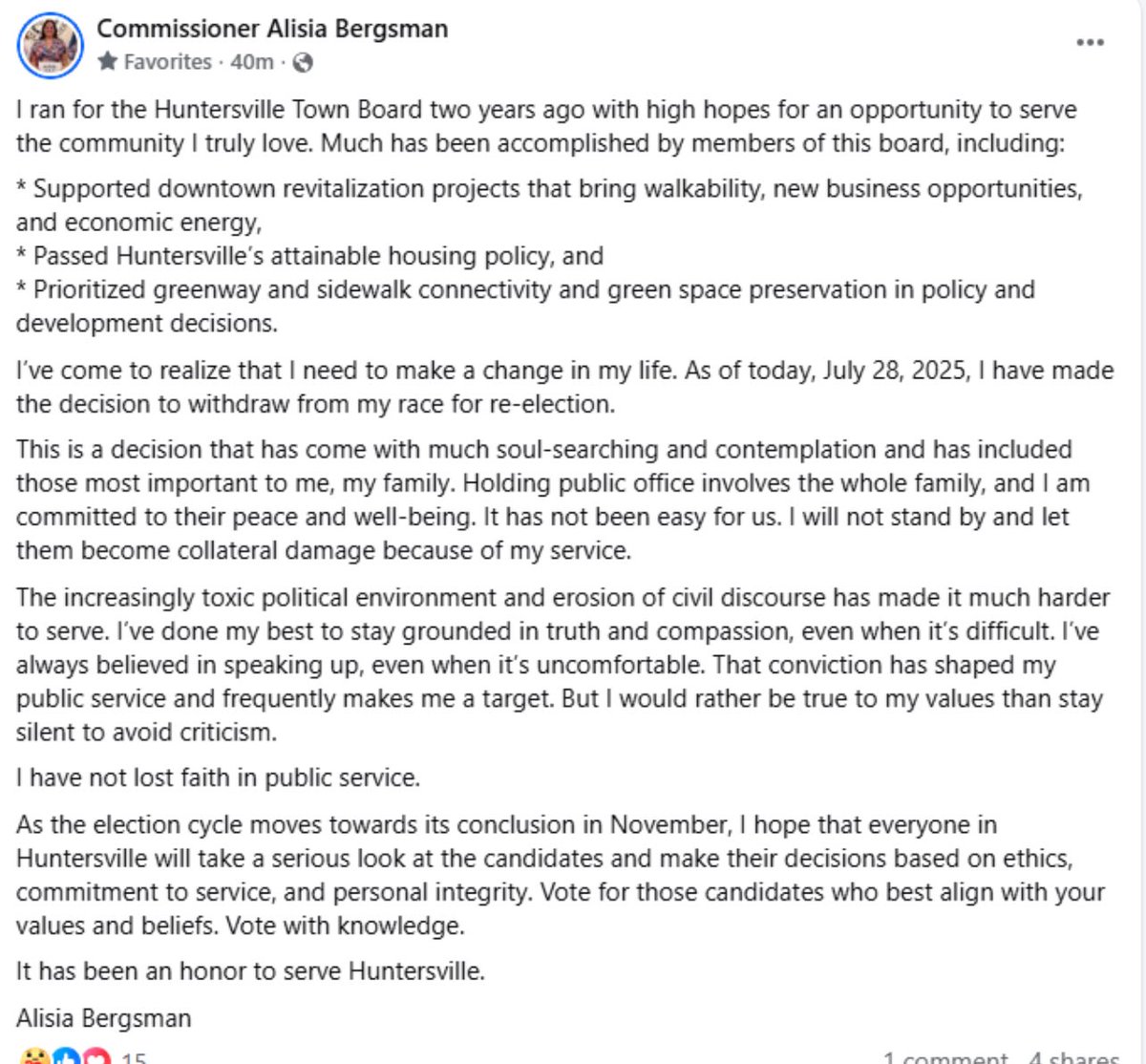 Alisia Bergsman says she’s withdrawing her name for Huntersville re-election for town commissioner, citing a toxic political environment, among other things.