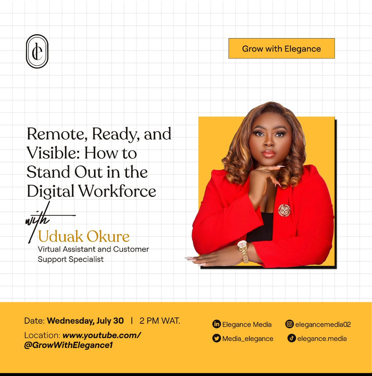 media_elegance's tweet photo. A few years ago, @KeraOkure  chose to build a career that works from anywhere.

Now, she runs VirtualHyve, has trained 2,000+ people &amp; shares real value online.

On July 30 at 2PM WAT, she’s breaking down how you can grow online too.
https://t.co/iwY27l7Fvx
#GrowWithElegance https://t.co/bD9gJ3miqy