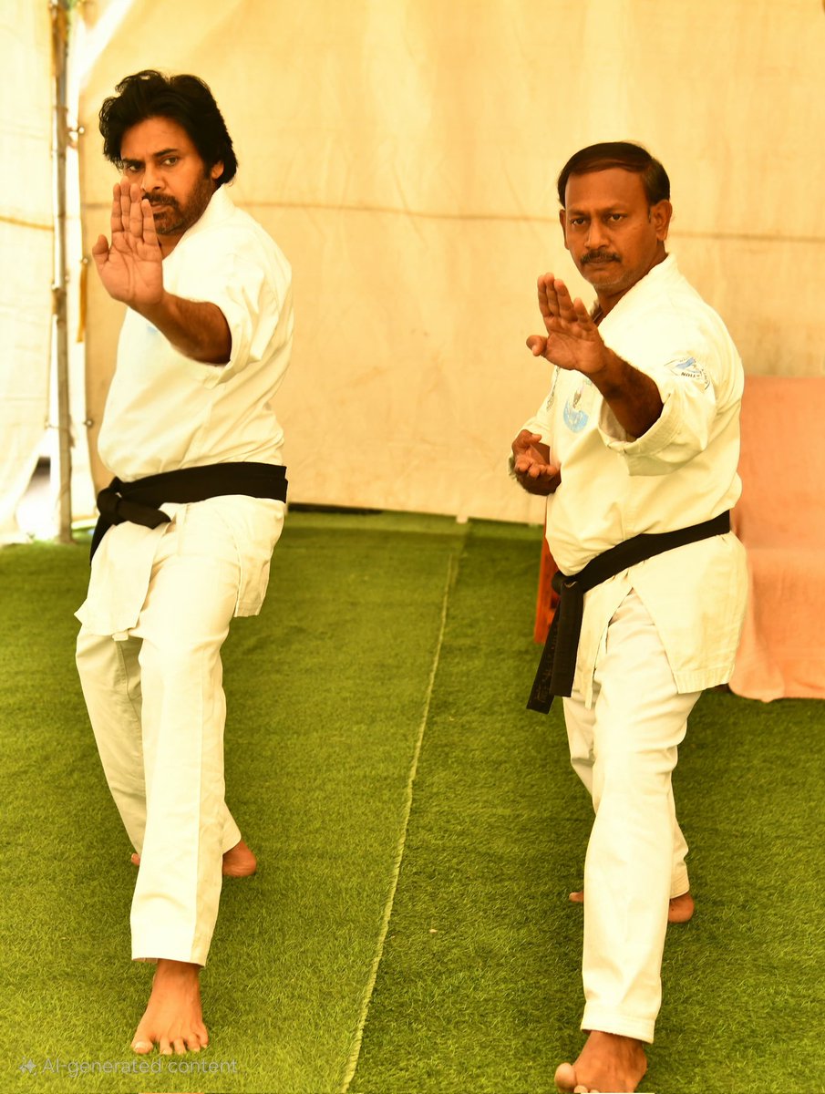 JSPSriram's tweet image. Power Star & @HHVMFilm Action Choreographer @PawanKalyan garu with his martial arts classmate Renshi Raja garu.