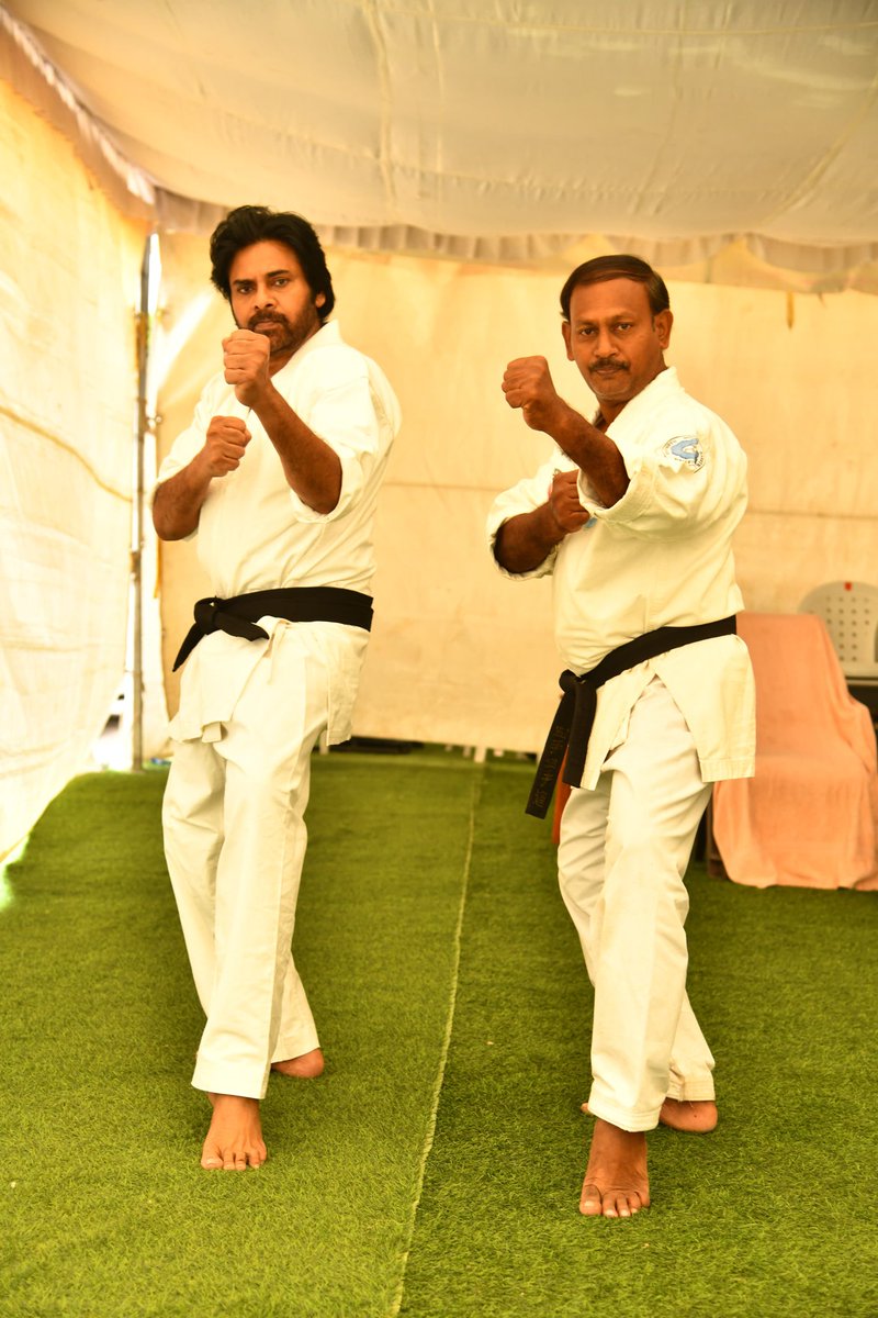 JSPSriram's tweet image. Power Star & @HHVMFilm Action Choreographer @PawanKalyan garu with his martial arts classmate Renshi Raja garu.