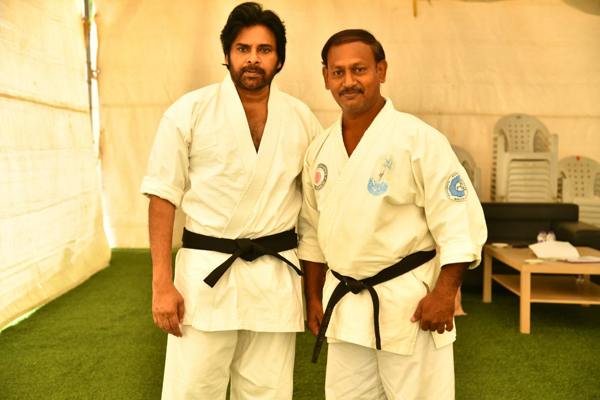 JSPSriram's tweet image. Power Star & @HHVMFilm Action Choreographer @PawanKalyan garu with his martial arts classmate Renshi Raja garu.