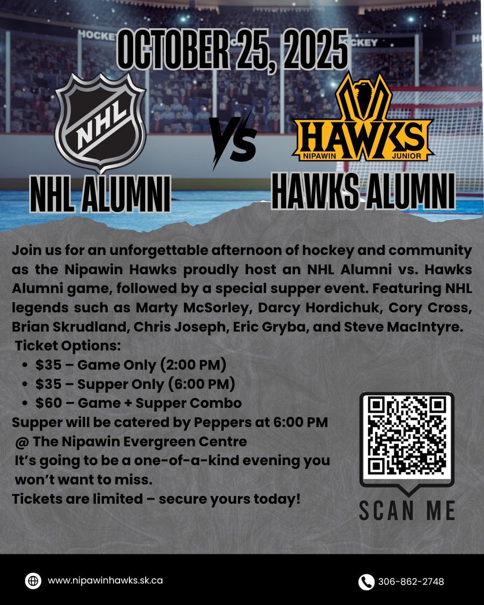 Hey Hawks fans! Ready for the action? Click the link below for all the details and to snag your tickets today — don’t miss out!
#FillTheCage #NipawinHawks #SJHLHockey #HawksHockey