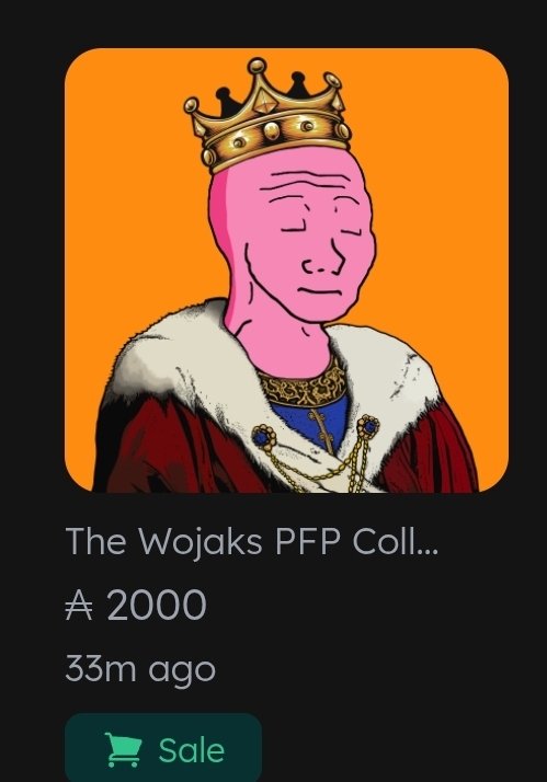 WojakBlueADA's tweet image. 🔥ATH PFP SALE🔥
A Wojak king + 1/1 bundle just sold for 2000 $Ada
Congratulations to both buyer and seller🥂