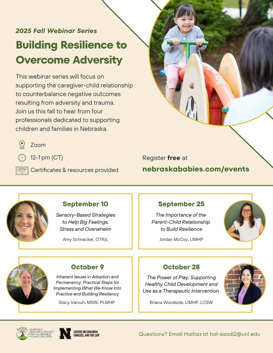 NebraskaBabies's tweet image. REGISTRATION IS OPEN for the 2025 Fall Webinar Series! This year&apos;s series, titled &quot;Building Resilience to Overcome Adversity,&quot; will feature four Nebraska-based speakers who share a passion for working with children and families. Register for FREE! nebraskababies.com/events/2025fws