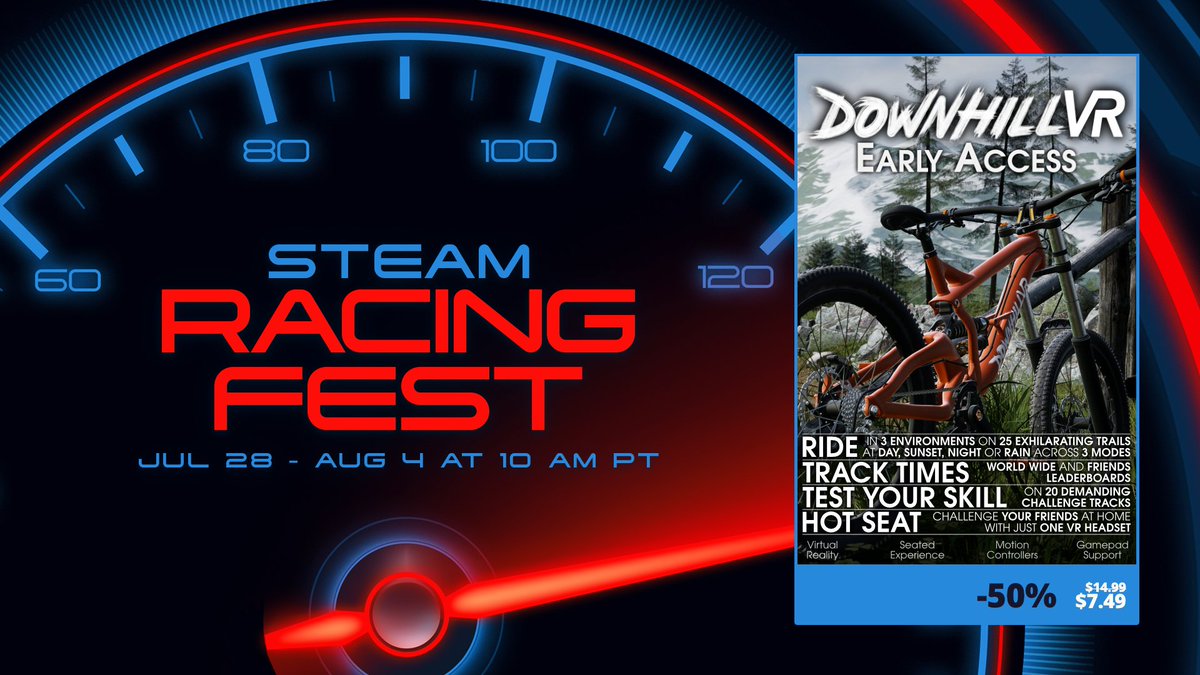 🚵 Steam Racing Fest kicks off NOW! 🚀
Don’t miss your chance to grab DownhillVR Early Access for 50% OFF!

Feel the speed. Master the trails. Experience mountain biking in virtual reality.

store.steampowered.com/app/1576560/Do…

#DownhillVR #SteamRacingFest #VirtualReality #MountainBiking