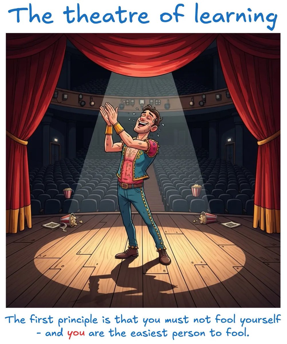 maw501's tweet image. The "theatre of learning" is a compelling illusion.
We often 𝘧𝘦𝘦𝘭 like we're learning when we're merely re-reading notes or tabbing away in our AI-powered IDE. This phenomenon has been meticulously explored by the Bjorks (Bjork, E. L., & Bjork, R. A. (2011)) and highlights a…