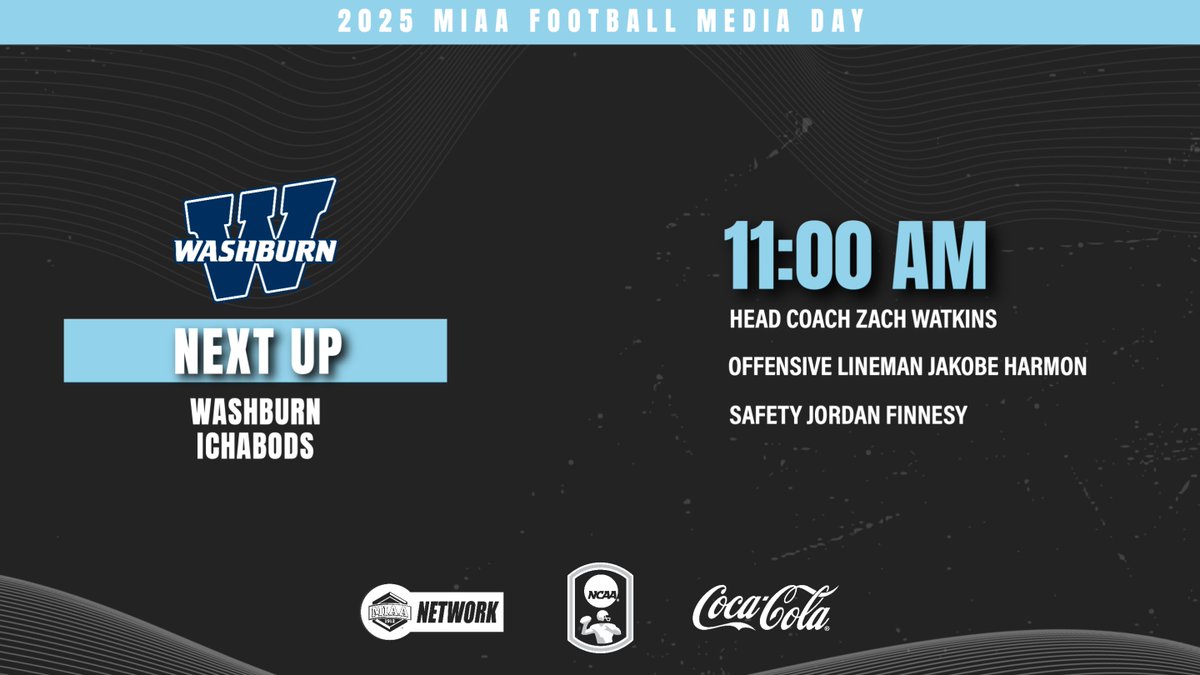 TheMIAA's tweet image. 𝐍𝐄𝐗𝐓 𝐔𝐏: The 2025 MIAA Football Media Day broadcast will continue with @IchabodFTBL at 11 AM.

First-year Head Coach Zach Watkins and student-athletes Jakobe Harmon and Jordan Finnesy are in Emporia to represent the Ichabods. 

Tune in for 🆓 on TheMIAANetwork.com/MIAA!