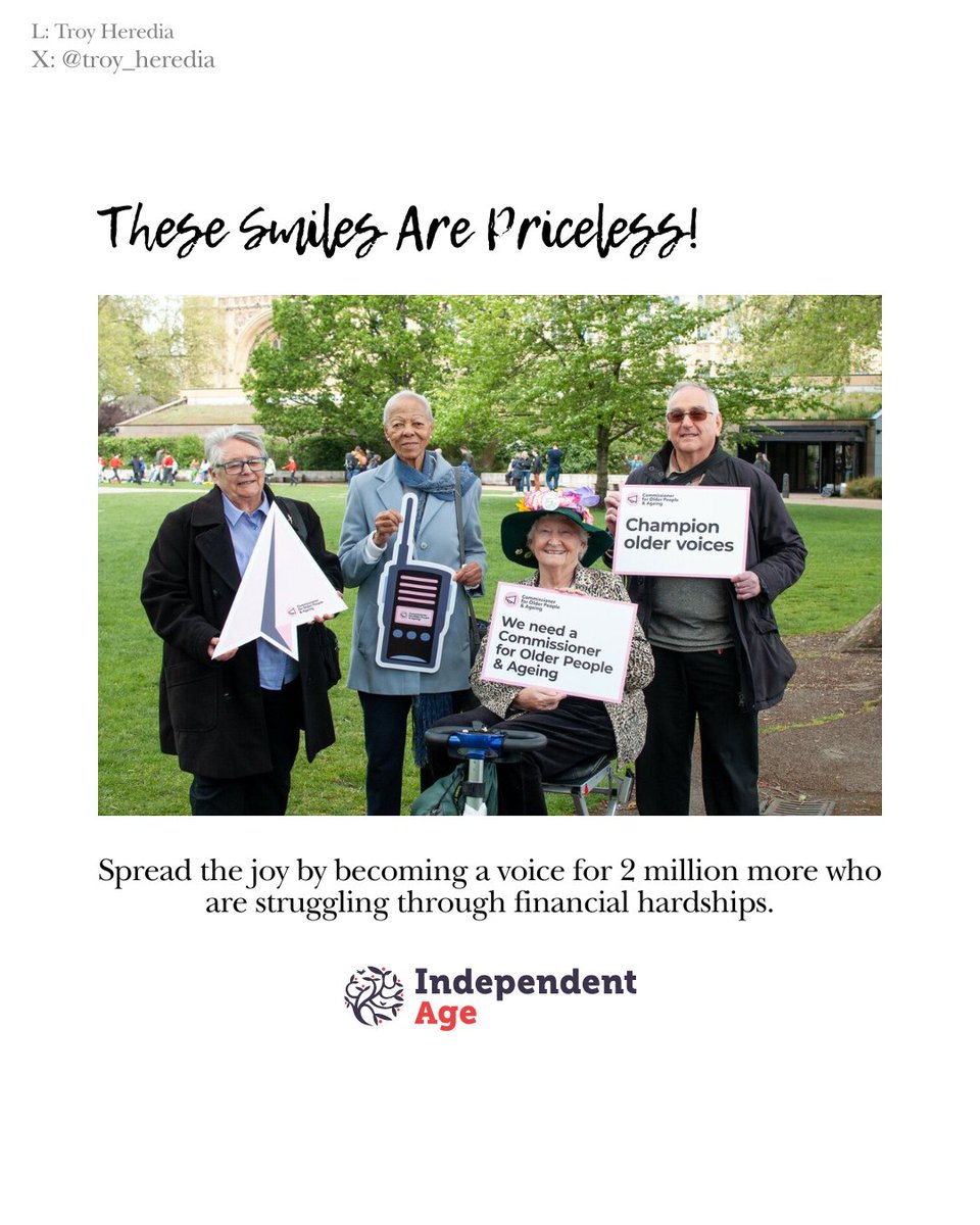 Troy Heredia (@troy_heredia) on Twitter photo Priceless
Here's my poster encouraging people to speak up for the almost two million older people in financial hardship. #MakeAgeingFair
<a href="/IndependentAge/">Independent Age</a>
<a href="/OneMinuteBriefs/">One Minute Briefs ⏱️</a> Priceless
Here's my poster encouraging people to speak up for the almost two million older people in financial hardship. #MakeAgeingFair
<a href="/IndependentAge/">Independent Age</a>
<a href="/OneMinuteBriefs/">One Minute Briefs ⏱️</a>
