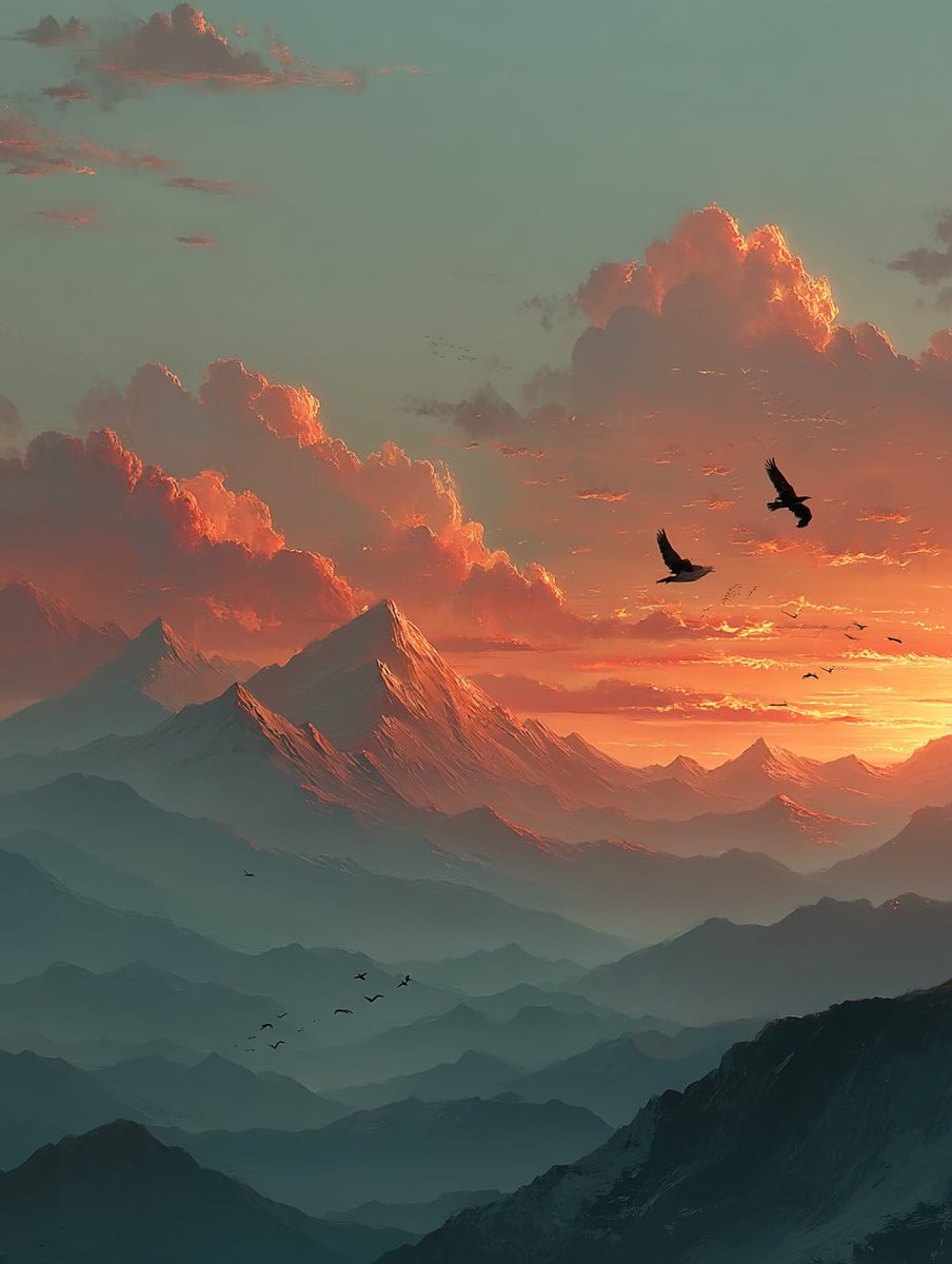 risuart01's tweet image. #mimiめる
【お題】空
【プロンプト】Atmosphere と gradation
「空を渡る幻想」
静寂の大気に、夕陽と翼が物語を刻む。