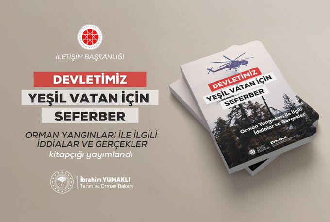 The image features a promotional graphic for a book titled "Orman Yangınlarıyla İlgili İddialar ve Gerçekler" (Claims and Facts About Forest Fires), with a helicopter and forest imagery on the cover, symbolizing efforts to combat forest fires. The book is shown stacked, set against a neutral background, with text overlays in red and white from the Turkish Ministry of Agriculture and Forestry (T.C. Tarım ve Orman Bakanlığı). The post text indicates this is a response to false claims about forest fires, published to raise awareness and provide factual information, as noted by the ministry’s official handle. No platform watermarks like Instagram or TikTok are present.