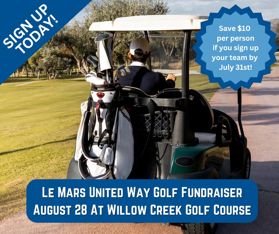 Time is running out to save $40 on your team registration for the 21st Annual Le Mars United Way Golf Fundraiser!

Sign up by July 31 and save $10 per golfer.

The fundraiser is the kickoff for the Le Mars United Way campaign.

REGISTER TODAY: bit.ly/4n5H4i2