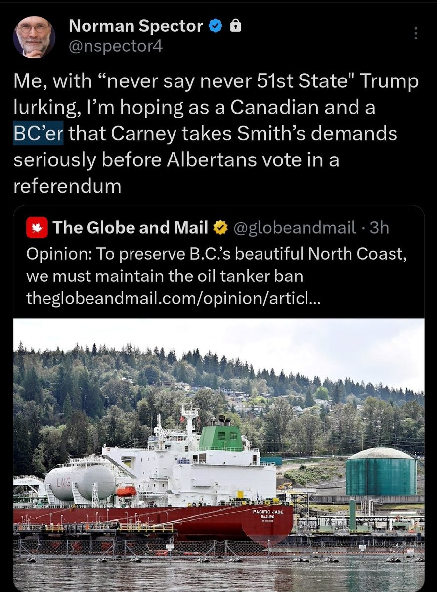 Citizen004's tweet image. "Me, with “never say never 51st State" Trump lurking, I’m hoping as a Canadian and a BC’er that Carney takes Smith’s demands seriously before Albertans vote in a referendum"
@nspector4