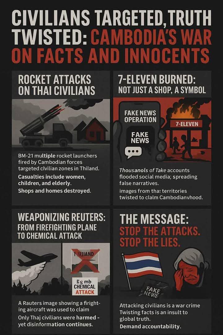 HERE ARE THE FACTS "THE WORLD NEEDS TO KNOW"
ประเทศเล็กกว่าไม่ได้หมายความว่าจะมีคุณธรรมหรือจริยธรรมดีกว่าเสมอ 

#TruthFromThailand #ไทยกับกัมพูชา #CambodiaOpenedFire 
#cambodiaopenedfirefirst
