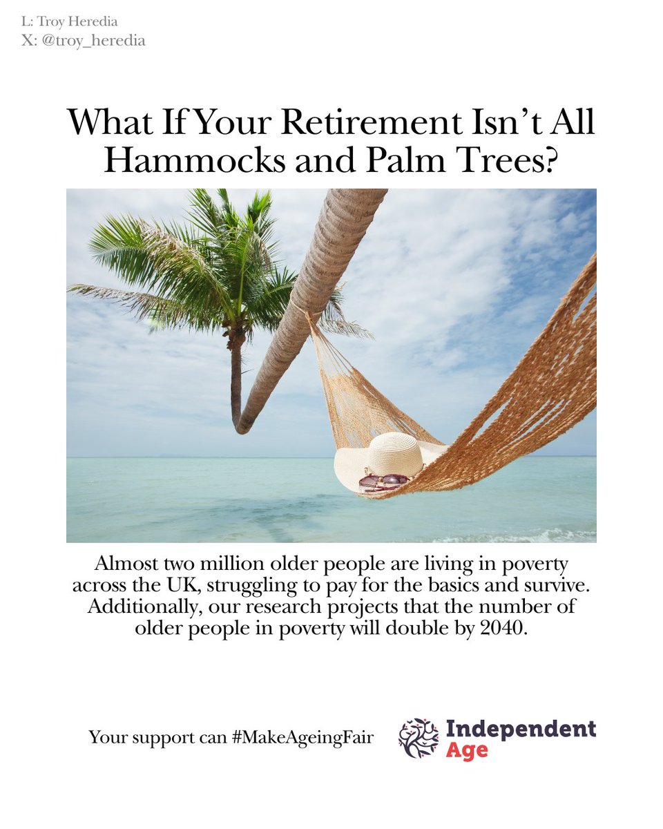 Troy Heredia (@troy_heredia) on Twitter photo Retirement
Here's my third poster encouraging people to speak up for the almost two million older people in financial hardship. #MakeAgeingFair
<a href="/IndependentAge/">Independent Age</a>
<a href="/OneMinuteBriefs/">One Minute Briefs ⏱️</a> Retirement
Here's my third poster encouraging people to speak up for the almost two million older people in financial hardship. #MakeAgeingFair
<a href="/IndependentAge/">Independent Age</a>
<a href="/OneMinuteBriefs/">One Minute Briefs ⏱️</a>