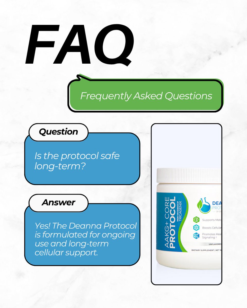 Is the Deanna Protocol safe for long-term use? ✅
Yes — it’s designed to support your cells consistently over time, helping you stay steady in your fight for strength and function.
#DeannaProtocol #ALSWellness #CellularSupport #FAQ