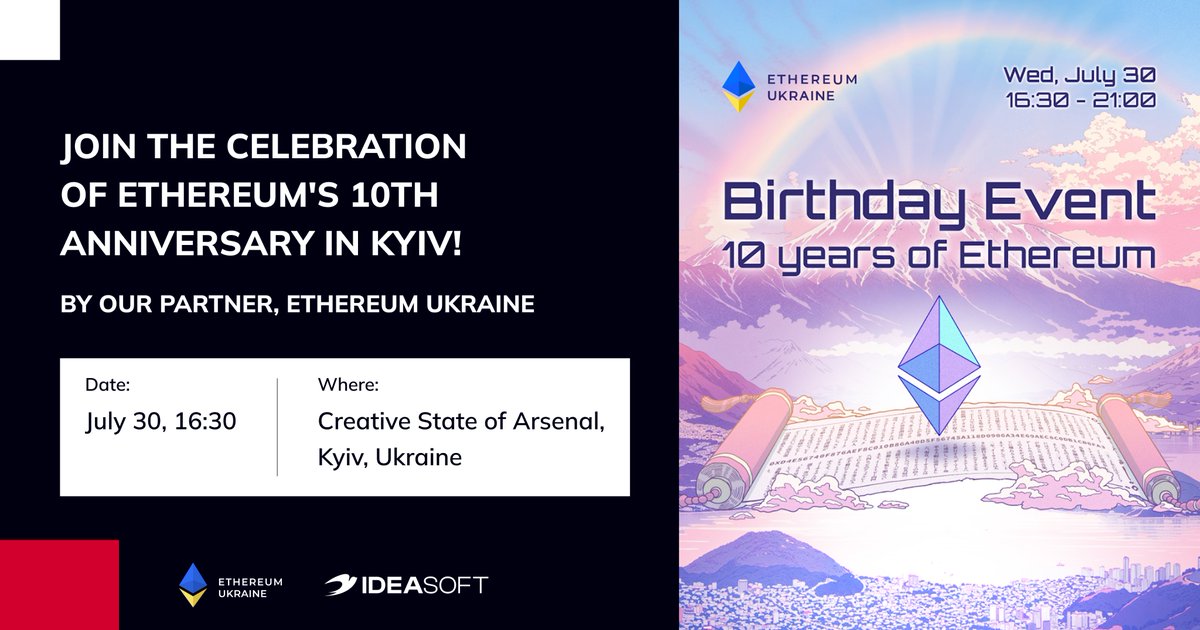 IdeaSoft.io (@io_ideasoft) on Twitter photo Join Ethereum's 10th anniversary! π
Our partner <a href="/ethereum_ua/">Ethereum Ukraine πΊπ¦</a> welcomes the community to join the event to mark a decade of <a href="/ethereum/">Ethereum</a> and the beginning of its next chapter onsite in Kyiv!
Talks, stories, future insights, speakers from <a href="/ethereumfndn/">Ethereum Foundation</a>, live Web3 crowd, and warm Join Ethereum's 10th anniversary! π
Our partner <a href="/ethereum_ua/">Ethereum Ukraine πΊπ¦</a> welcomes the community to join the event to mark a decade of <a href="/ethereum/">Ethereum</a> and the beginning of its next chapter onsite in Kyiv!
Talks, stories, future insights, speakers from <a href="/ethereumfndn/">Ethereum Foundation</a>, live Web3 crowd, and warm