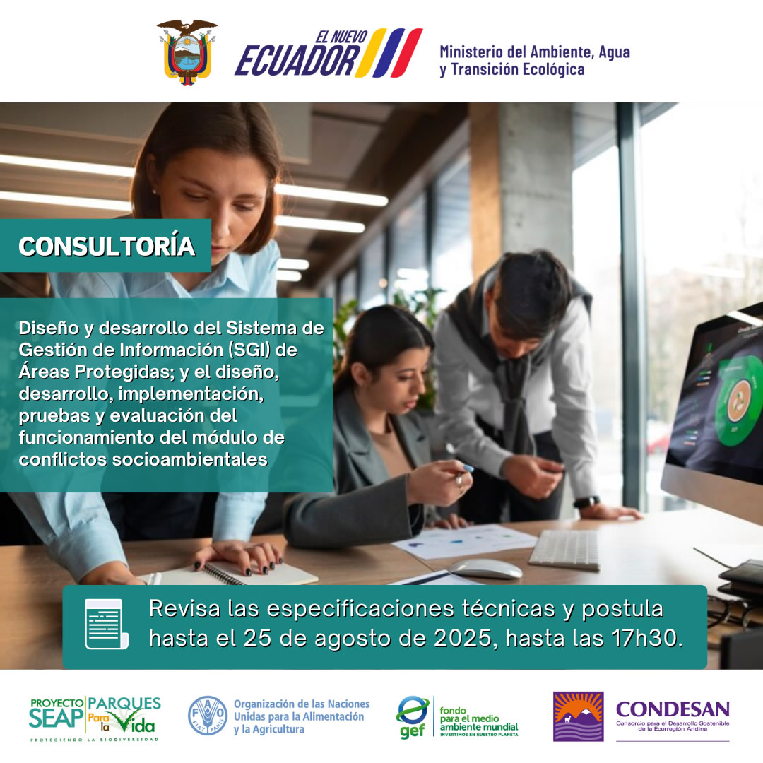 CONDESAN (@_condesan) on Twitter photo ✅#Convocatoria 🇪🇨
CONDESAN, en el marco del Proyecto SEAP busca contratar Consultoría para diseño y desarrollo SGI de Áreas Protegidas; y módulo de conflictos socioambientales.
👉Info: acortar.link/c6X1mj
<a href="/Ambiente_Ec/">Min. de Ambiente, Agua y Transición Ecológica</a>
<a href="/theGEF/">Global Environment Facility (GEF)</a>
<a href="/FAOEcuador/">FAO Ecuador</a> ✅#Convocatoria 🇪🇨
CONDESAN, en el marco del Proyecto SEAP busca contratar Consultoría para diseño y desarrollo SGI de Áreas Protegidas; y módulo de conflictos socioambientales.
👉Info: acortar.link/c6X1mj
<a href="/Ambiente_Ec/">Min. de Ambiente, Agua y Transición Ecológica</a>
<a href="/theGEF/">Global Environment Facility (GEF)</a>
<a href="/FAOEcuador/">FAO Ecuador</a>