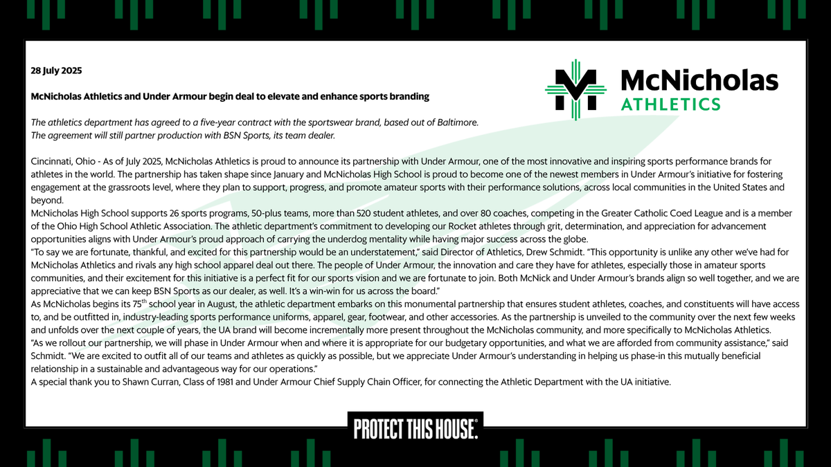 McNicholas Athletics (@mcnathletics) on Twitter photo ‼️ANNOUNCEMENT‼️
McNicholas Athletics is proud to launch its partnership with <a href="/UnderArmour/">Under Armour</a>!
We are excited to begin the journey with UA and look forward to competing on another level to Protect This House!
#BondedTogether #ProtectThisHouse ‼️ANNOUNCEMENT‼️
McNicholas Athletics is proud to launch its partnership with <a href="/UnderArmour/">Under Armour</a>!
We are excited to begin the journey with UA and look forward to competing on another level to Protect This House!
#BondedTogether #ProtectThisHouse