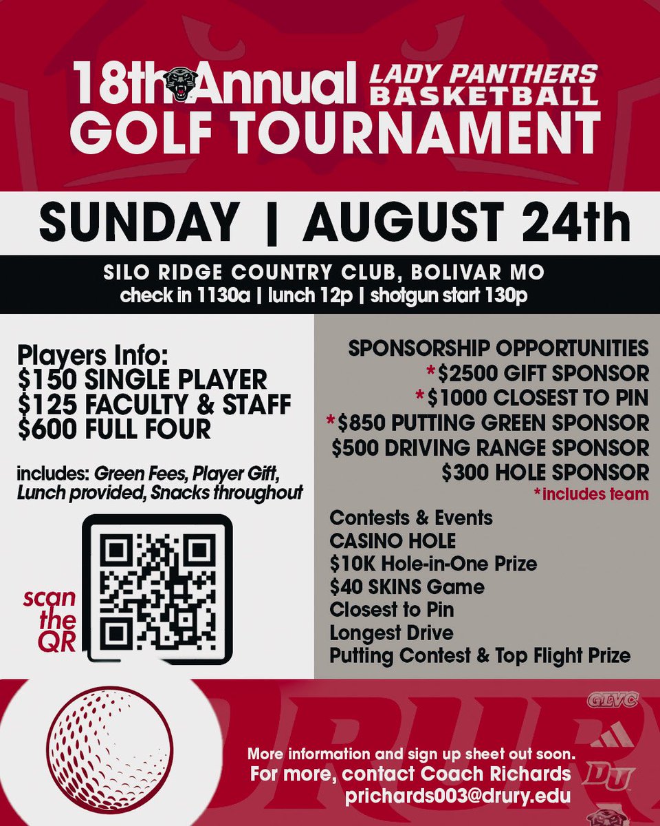 DULadyPanthers's tweet image. We’d love to have you out on the golf course with us!!! Get signed up using the QR code or this link below ⬇️
drury.edu/alumni/womens-…
We’ve been fortunate to have success year in and year out—but it wouldn’t be possible with all of YOUR support!
Get signed up TODAY!