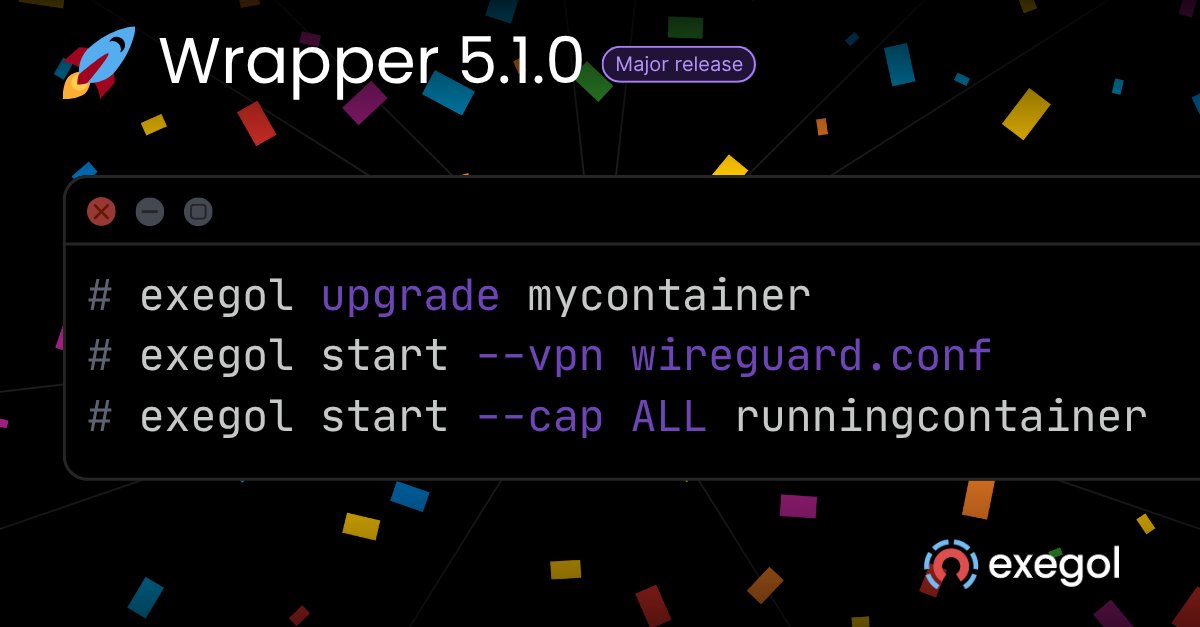 Exegol wrapper v5.1.0 🚀

🔷 new "upgrade" action: a handy hack around Docker's inability to change the base image of a running container (for Pro, Enterprise)
🔷 WireGuard VPN now supported
🔷 improved "Capabilities"

More details to come 😉