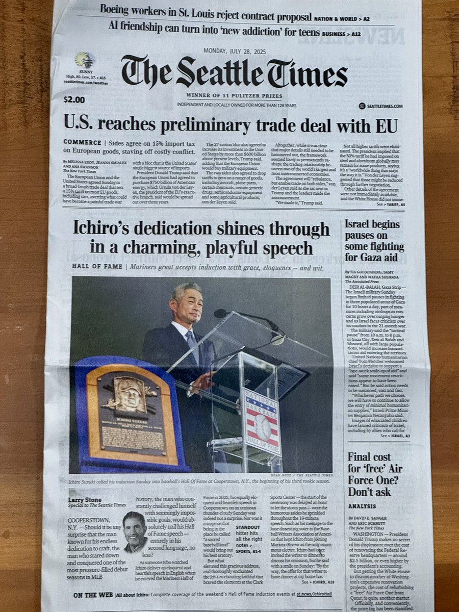 paulbarrett6's tweet photo. More @SeaTimesSports greatness on Ichiro’s greatness: Pick up today’s Seattle Times for our coverage of Ichiro’s Hall of Fame induction. Amazing work by all involved! https://t.co/FAa1TUkTuE