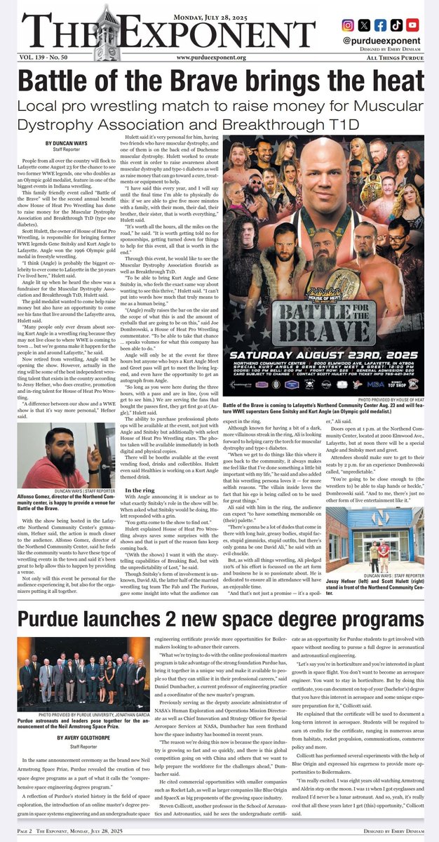 Huge thank you to the <a href="/purdueexponent/">Purdue Exponent</a> on this cover of House of Heat Pro Wrestling: Battle for the Brave! It means a great deal to continue to raise awareness for this show and our goal behind the cause! Sincerely, thank you to <a href="/joe_dombrowski/">Joe Dombrowski</a> <a href="/DavidAliWRSTLNG/">DAVID ALI 🤼‍♂️</a>
