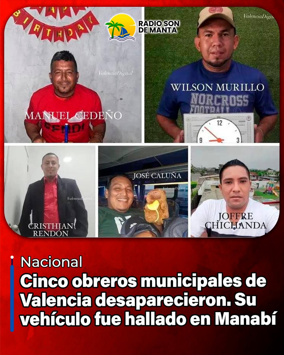 radiosondemanta's tweet image. Cinco trabajadores del municipio de Valencia - Los Ríos, se encuentran desaparecidos desde el pasado 24 de julio. Según información policial, el vehículo que se transportaban fue hallado en Puerto Cayo, perteneciente a Manabí. 

Los desaparecidos fueron identificados como: 

 •…