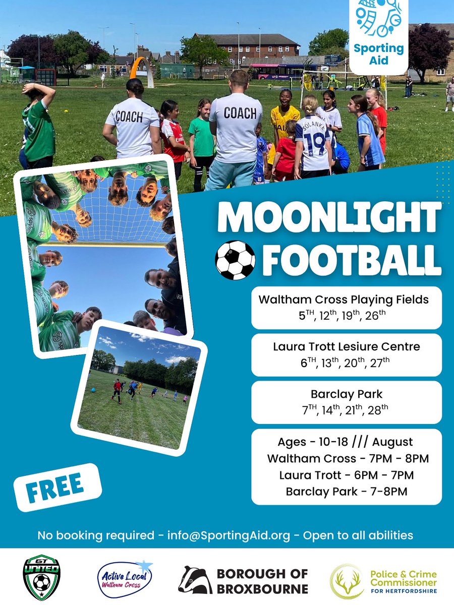 ⚽ FREE Summer Football! ☀️

We have teamed up with GT United to bring you free football sessions every week this August – open to all abilities aged 10–18!

🔥 Why not come to all 3?