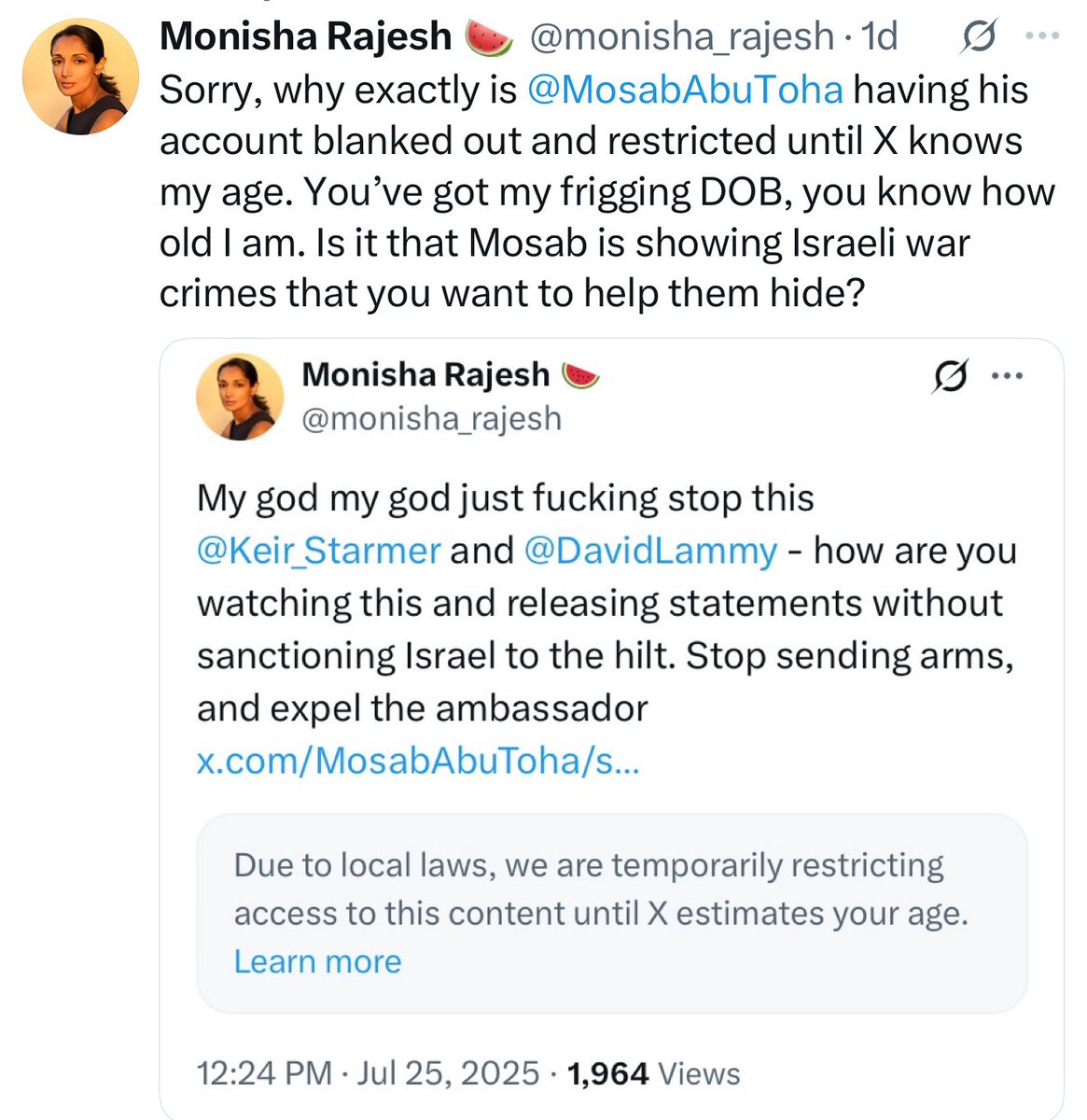 This needs immediate and serious investigation.
X is censoring my posts recently in different countries citing “local laws.”
This is a new escalation. A new tactic to hide war crimes from people who are increasingly putting pressure on their governments to stop these war crimes.