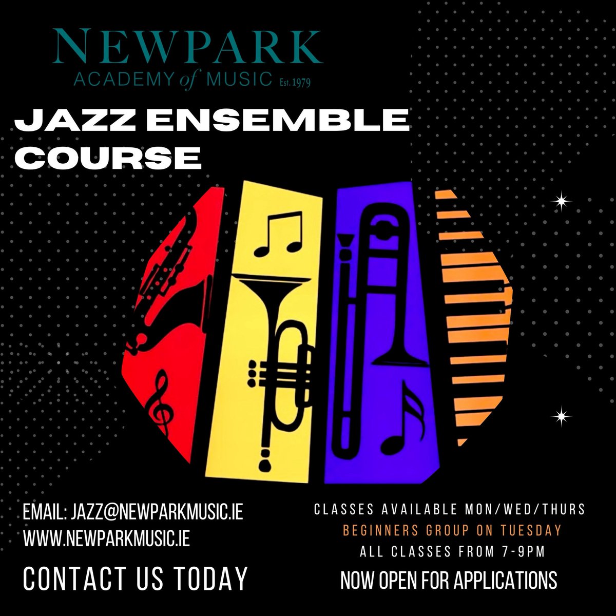kevin brady music (@kevdawg11) on Twitter photo Enrolment is OPEN for The Jazz Ensemble Course at Newpark Academy of Music now based at IADT, Dun Laoghaire.
ℹ️ Offering tuition for all levels in a wide range of instruments.
🔗 Visit us here: newparkmusic.ie/jazz
📧 Have questions?
Contact: enquiries@newparkmusic.ie Enrolment is OPEN for The Jazz Ensemble Course at Newpark Academy of Music now based at IADT, Dun Laoghaire.
ℹ️ Offering tuition for all levels in a wide range of instruments.
🔗 Visit us here: newparkmusic.ie/jazz
📧 Have questions?
Contact: enquiries@newparkmusic.ie
