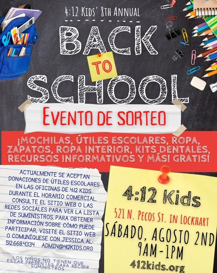 Don't miss the Back to School Giveaway Event this Saturday from 9AM–1PM at 521 N. Pecos St. in Lockhart!

Giving away backpacks, school supplies, clothing, shoes, dental kits, and more—everything your student needs to start the year strong!