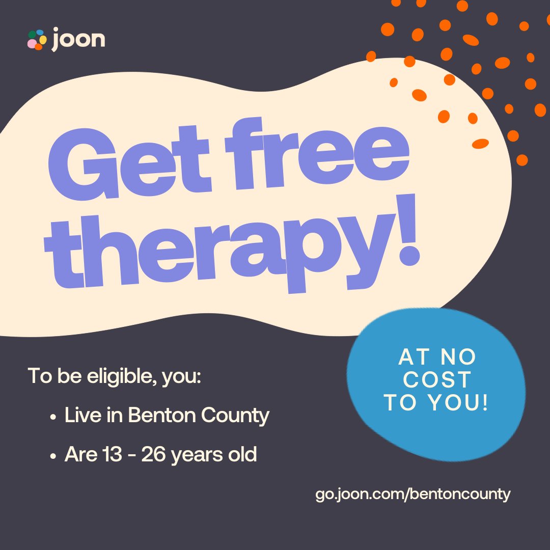 Did you know that Benton County has partnered with Joon to expand mental health support for youth in our area, ages 13-26? Get matched through the mobile app with a qualified therapist who specializes in teens and young adults.

Visit go.joon.com/bentoncounty to learn more.