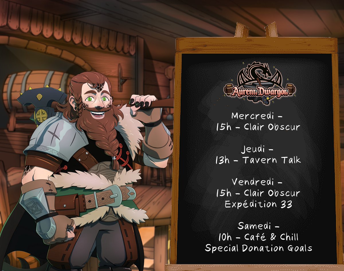 AurennDwargonVT's tweet image. 🐲 PLANNING DE LA TAVERNE 🍻
•Mercredi - Clair Obscur : Expédition 33
•Jeudi - Tavern Talk
•Vendredi - Clair Obscur : Expédition 33
•Samedi - Café & Chill : Spécial Donation Goals
#vtuber #vtuberfr
