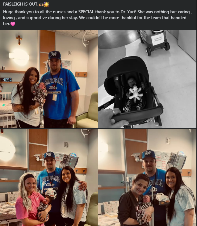 JULDDLLC's tweet image. Baby Paisleigh Update:
Our tiny but mighty warrior came home from the hospital yesterday and is doing fantastic!
Here she is with my son, daughter-in-law, her amazing doctor, and a wonderful nurse at the children's hospital before leaving.
I'm beyond grateful for her excellent…