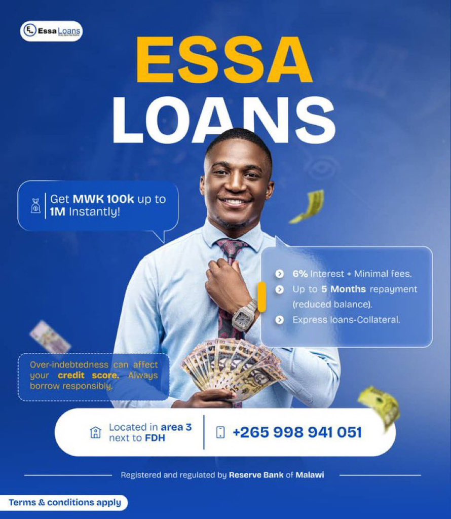 MR MUKAKA 🐘 (@dwen_khalifa) on Twitter photo Get MWK 100K - 1M instantly💰
Contact <a href="/EssaLoans/">Essa Loans</a> 🔥🤝
✅ 6% interest + minimal fees
✅ Up to 5 months repayment (reduced balance)
✅Located in Area 3, next to FDH.
✅Call or Whatsapp 0998941051
✅Facebook
facebook.com/essaloans
#XTRENDSETTERS Get MWK 100K - 1M instantly💰
Contact <a href="/EssaLoans/">Essa Loans</a> 🔥🤝
✅ 6% interest + minimal fees
✅ Up to 5 months repayment (reduced balance)
✅Located in Area 3, next to FDH.
✅Call or Whatsapp 0998941051
✅Facebook
facebook.com/essaloans
#XTRENDSETTERS