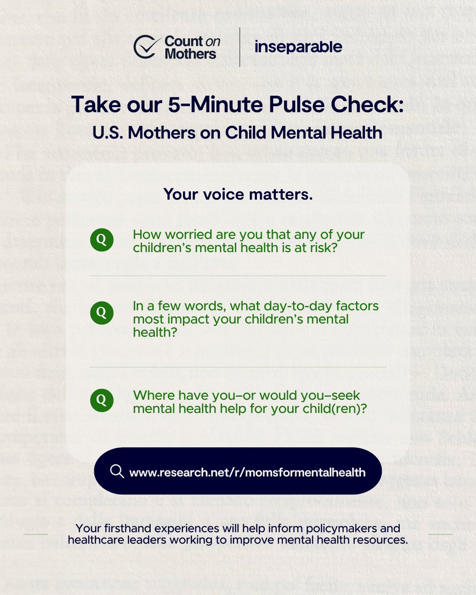 IAmInseparable's tweet image. Moms are on the frontlines of youth mental health—and we’re listening. 💚

We’re working with @CountOnMothers to conduct a national research study to better understand what’s impacting kids’ mental health.

📝 Take our quick, anonymous survey: insact.us/moms
🔁 Not a…